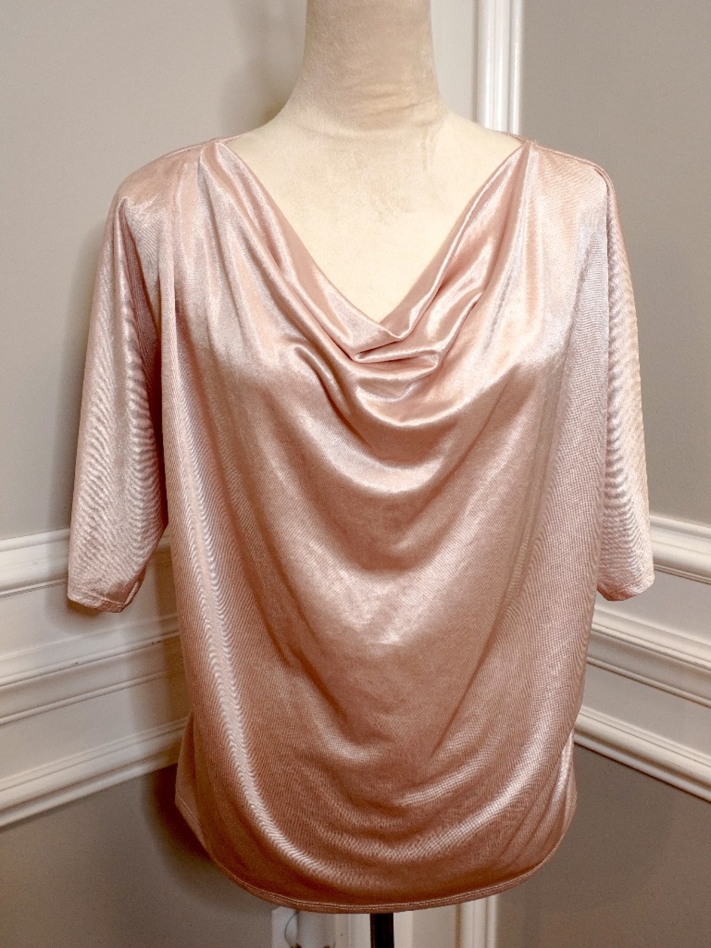 Pink Green Envelope top with cowl neck and satin-like drape